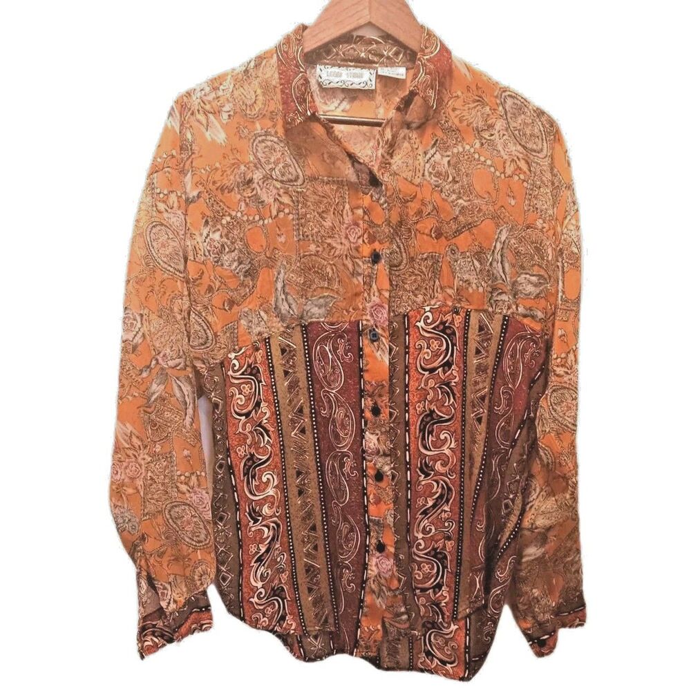 Vintage 90s Leena Studio Beaded Silk-Feel Paisley Floral Blouse Chiffon Rayon L